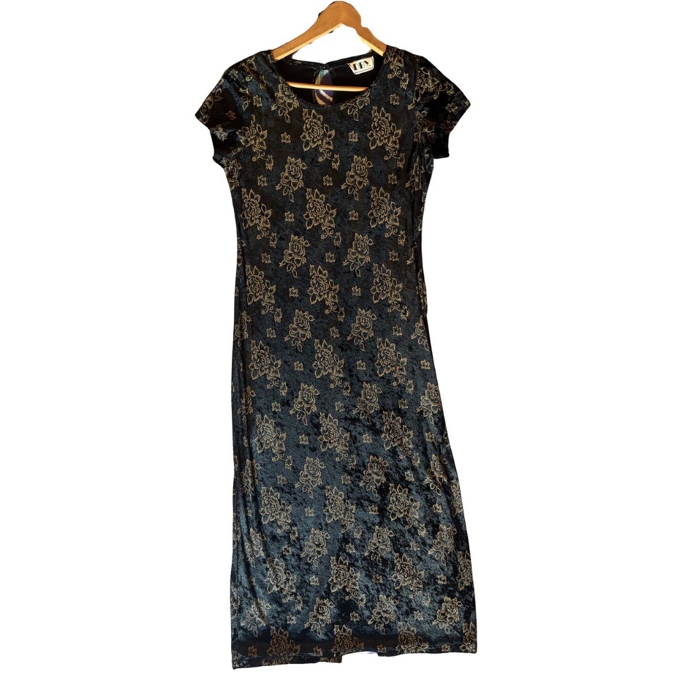 Vintage DBY Black & Gold Pattern Dress – Velvet Feel, Fits Like M